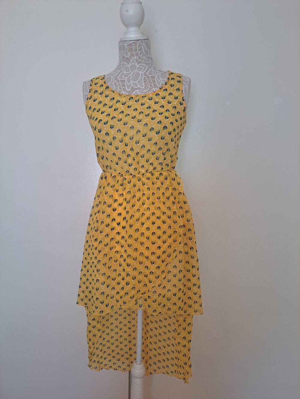 Inseparable Yellow Owl Printed High-Low Only Back , Front Is Short